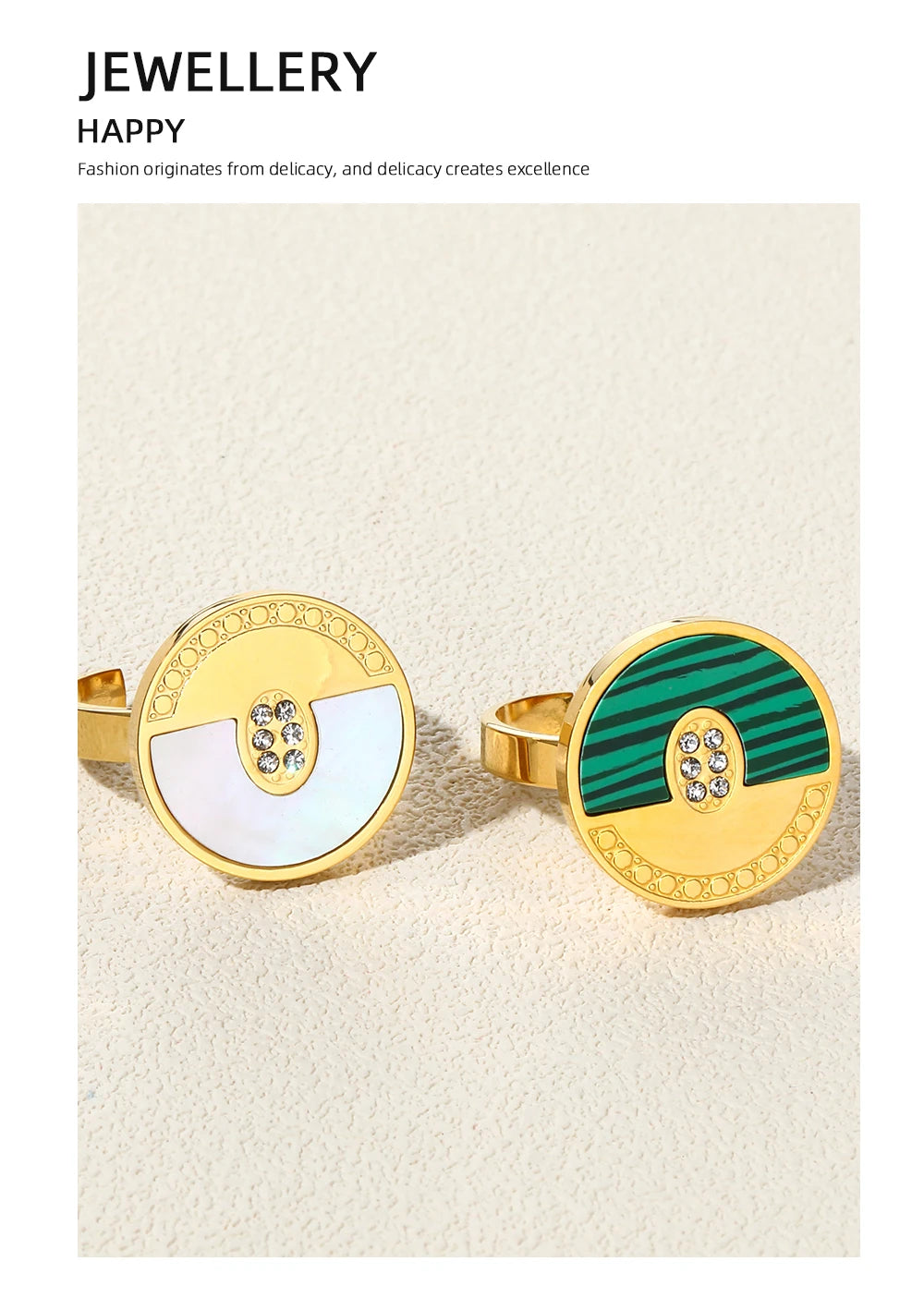 Geometric Ring Shell Malachite Zircon — 316L Stainless Steel · PS464