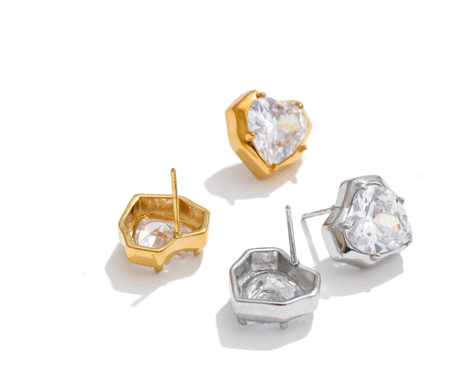 Cubic Zirconia Heart Earrings — Gold-Plated Stainless Steel with Cubic Zirconia · PS1479