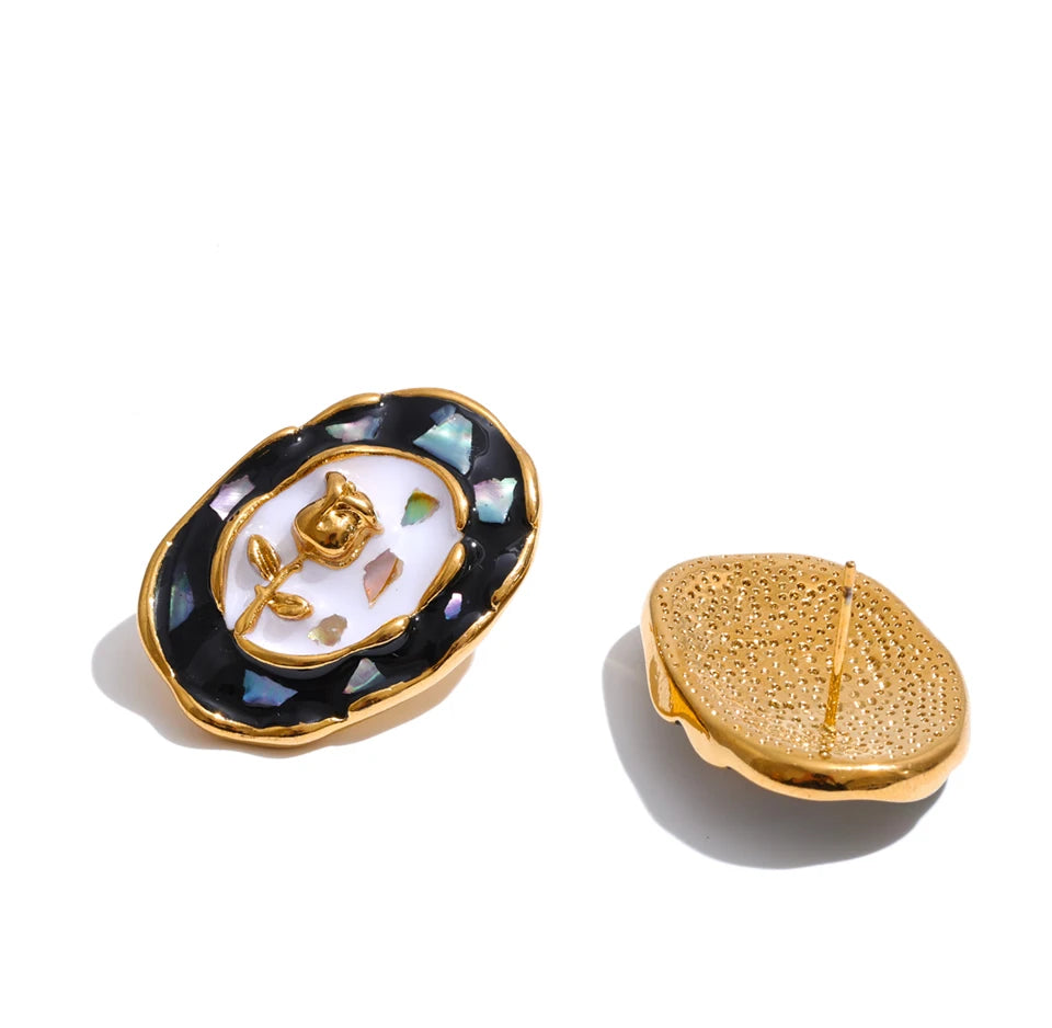 Cubic Zirconia Enamel Flower Earrings — Gold-Plated Stainless Steel with Cubic Zirconia and Enamel · PS1298