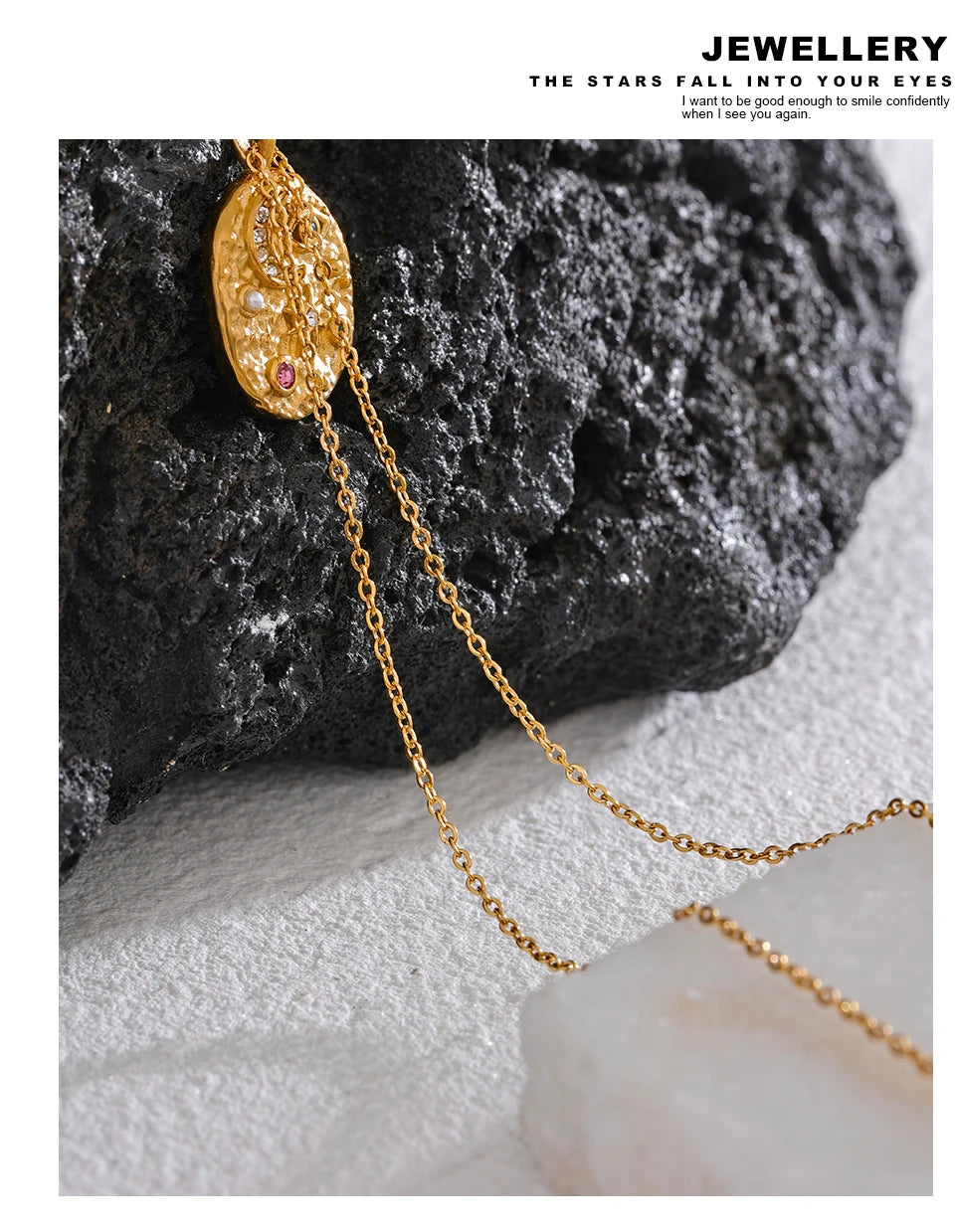 Cubic zirconia star moon necklace in gold-plated stainless steel with cubic zirconia.