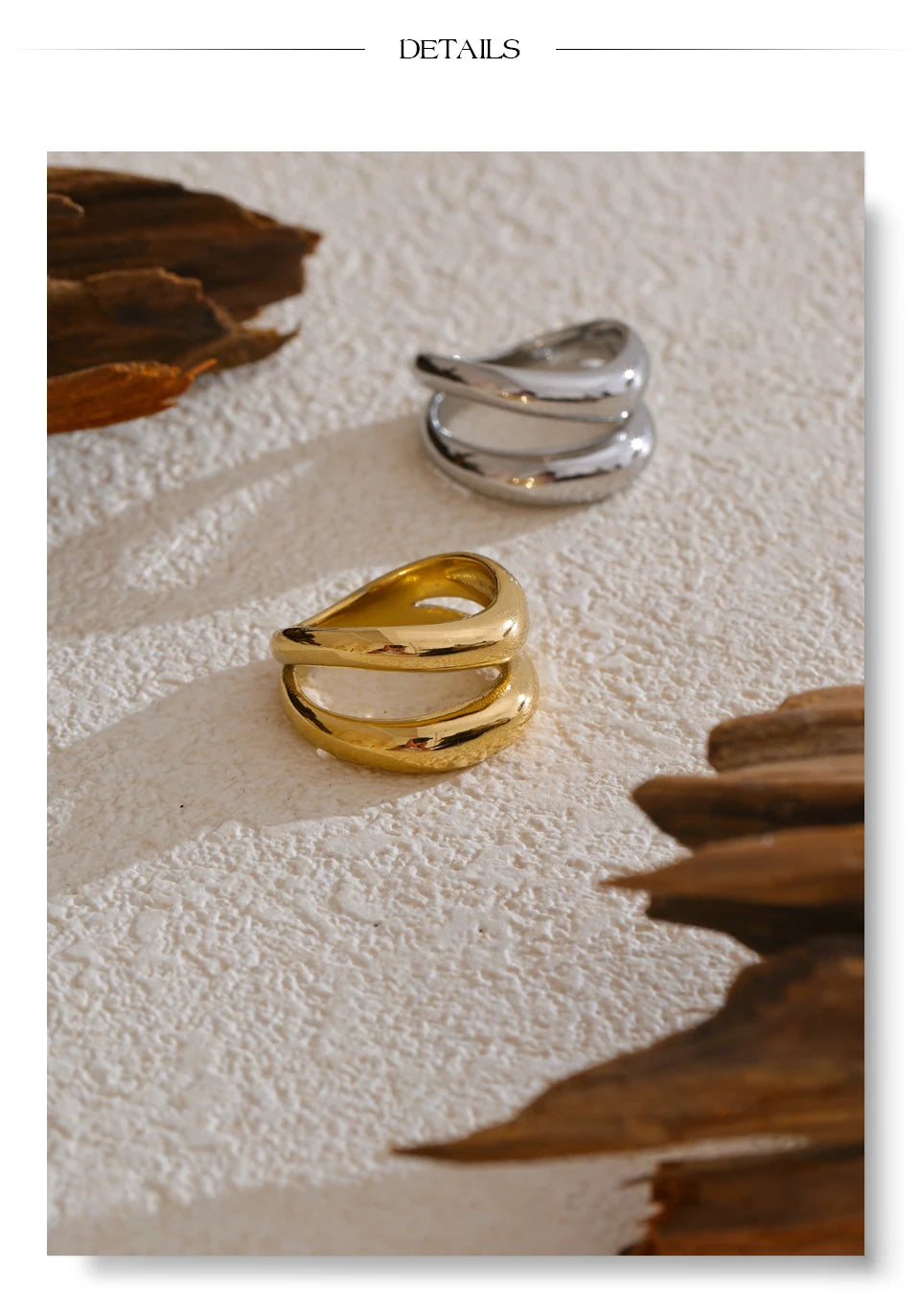 Geometric layered ring in gold-plated stainless steel.