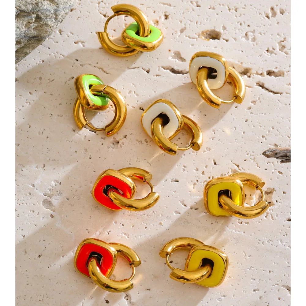 Enamel multi-color geometric earrings in gold-plated stainless steel with enamel.
