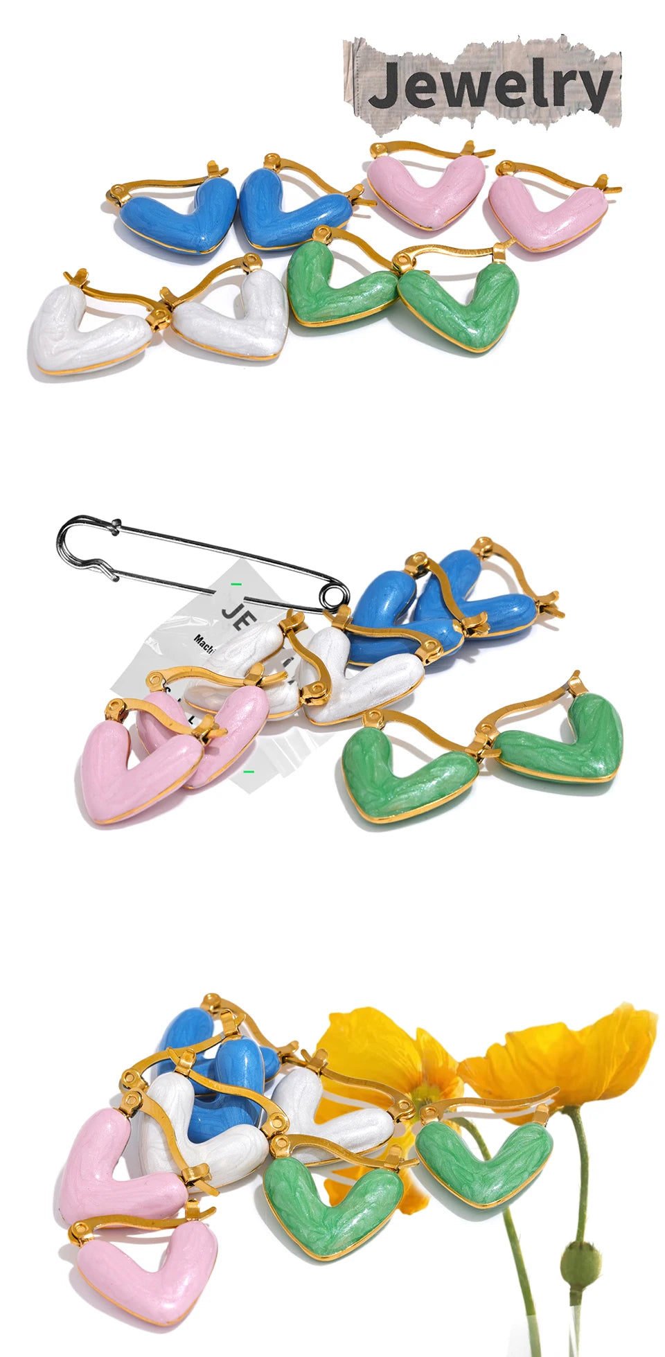 White enamel heart earrings in gold-plated stainless steel with enamel.