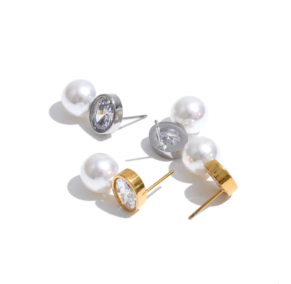 Cubic Zirconia Pearl Geometric Earrings — Gold-Plated Stainless Steel with Pearl and Cubic Zirconia · PS1615