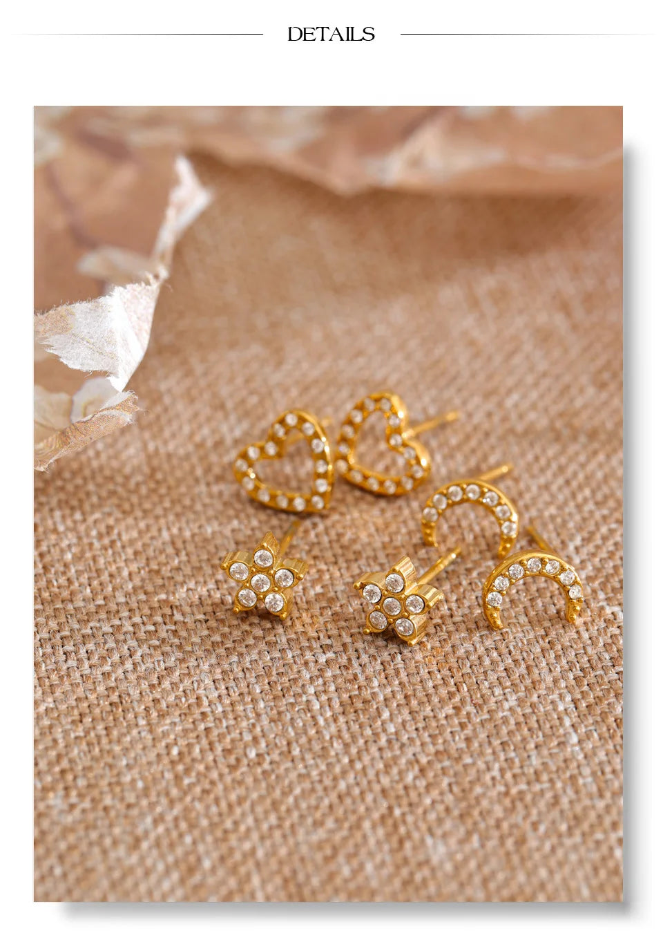 Cubic Zirconia Heart Star Earrings — Gold-Plated Stainless Steel with Cubic Zirconia · PS1112
