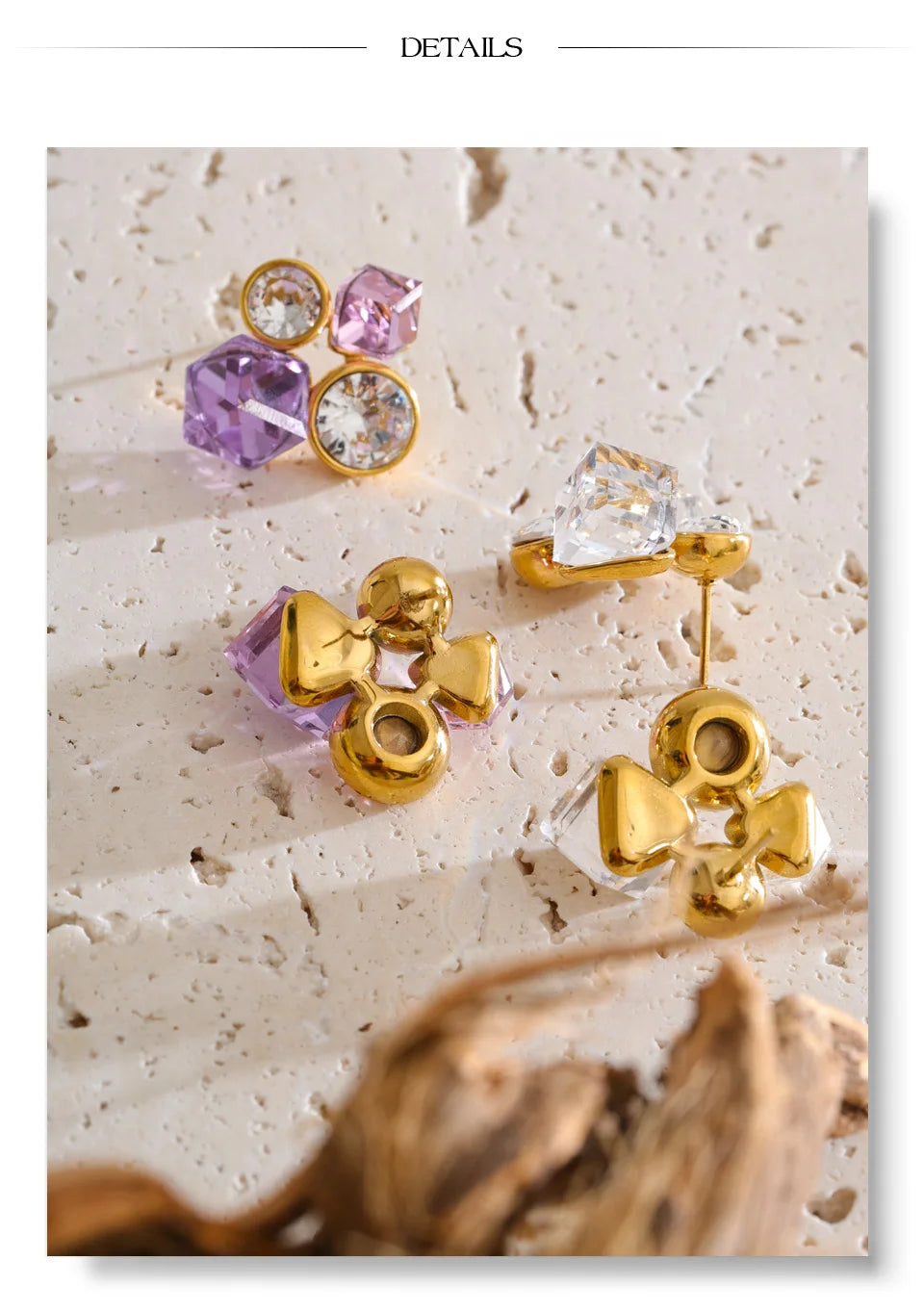 White crystal geometric earrings in gold-plated stainless steel with crystal.
