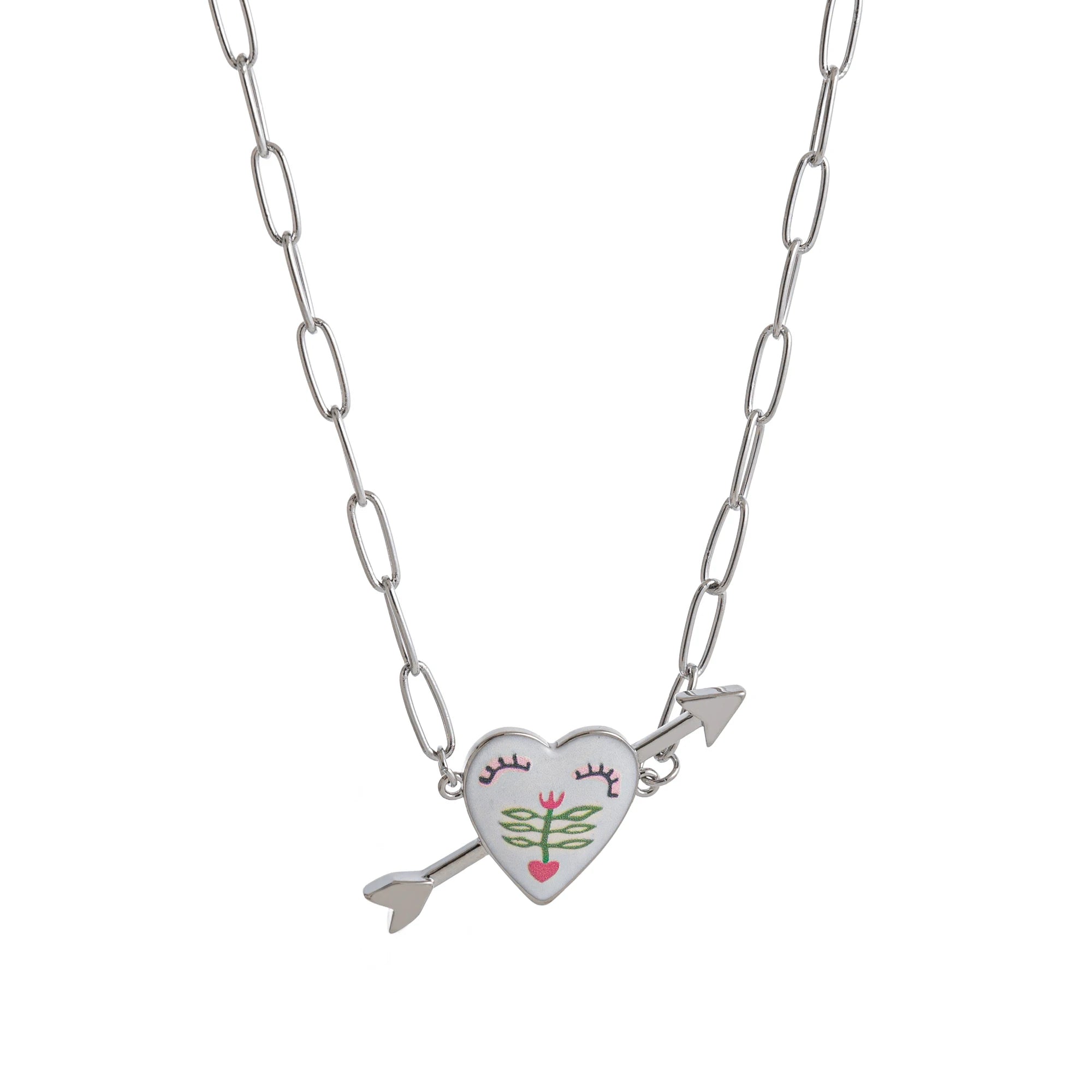 Vintage necklace with one arrow piercing personalized flower pattern, paperclip chain, gold-plated and color preserving