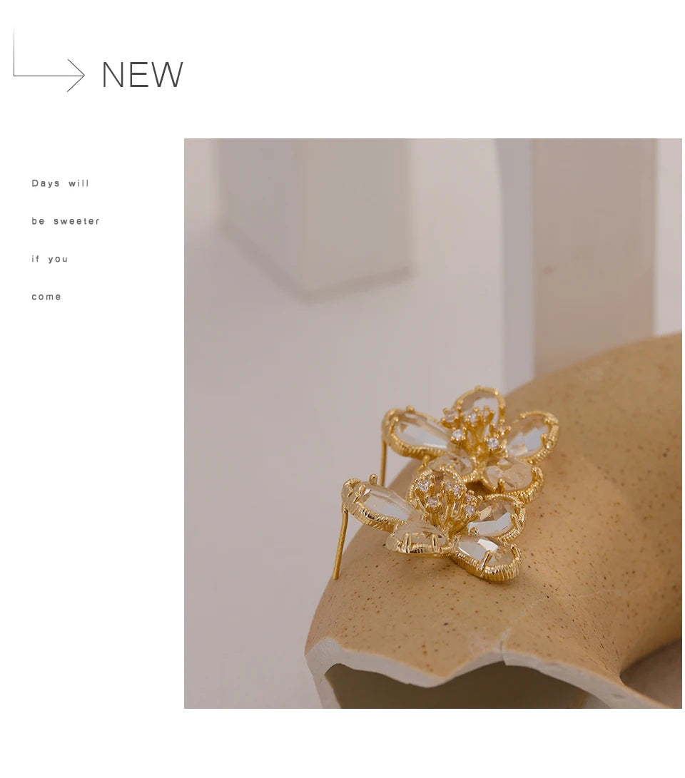 Cubic Zirconia Flower Geometric Earrings — 14K Gold-Plated Copper with Cubic Zirconia · PC21