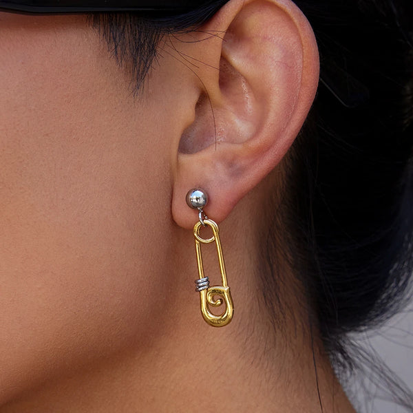 Safety Pin Pearl Earrings — Stainless Steel · PS105