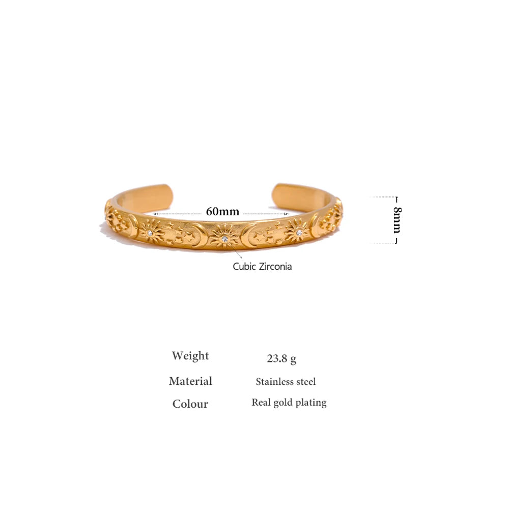 Star moon sun bracelet in gold-plated stainless steel.