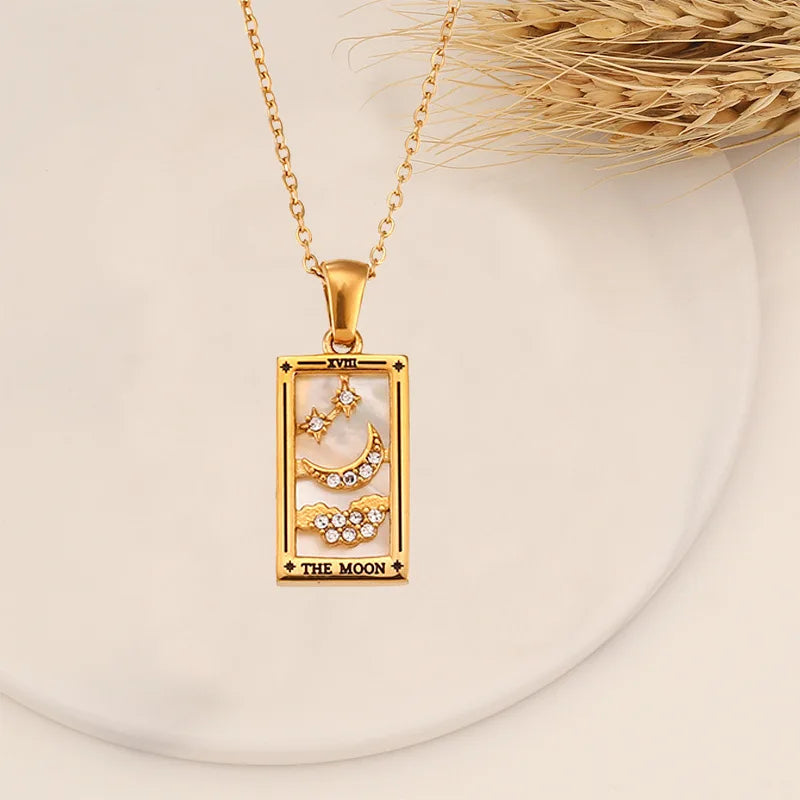 Zirconia Tarot Card Necklace Classic Tarot Queen Lover Magician Moon Wealth Amulet Stainless Steel Jewelry