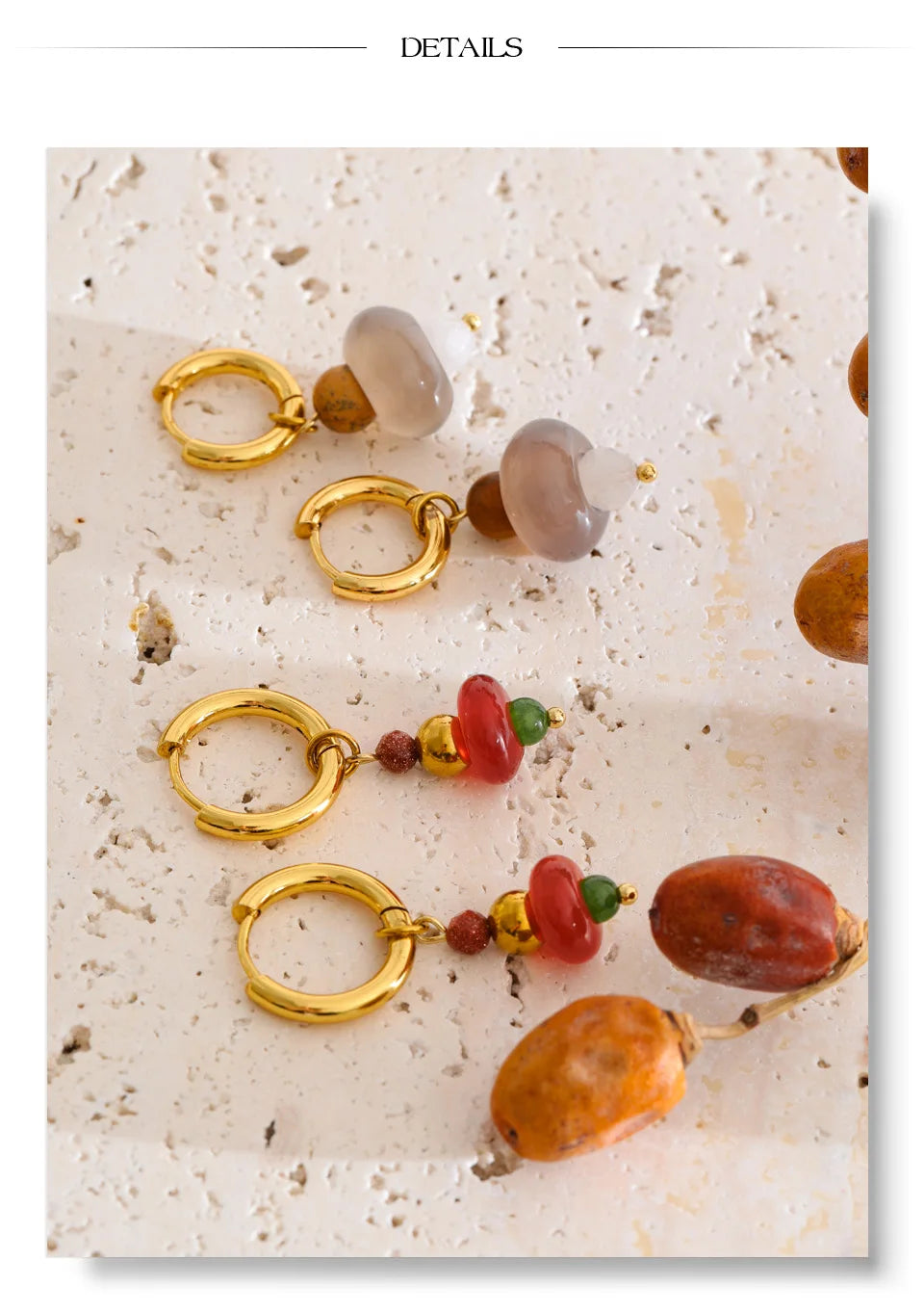Natural stone geometric earrings in gold-plated stainless steel with natural stone.
