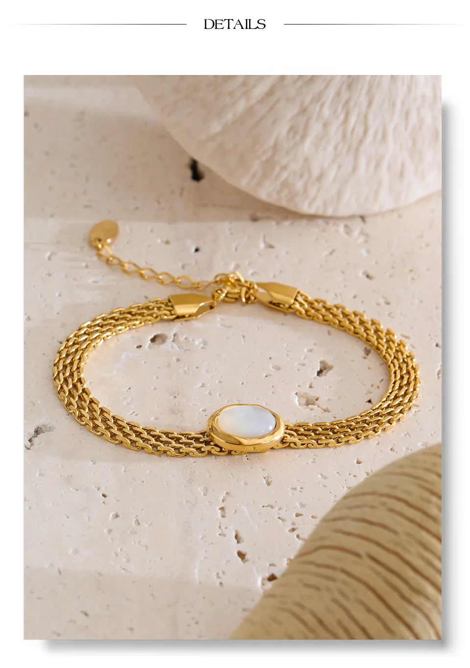 Shell Natural Stone Geometric Bracelet — Gold-Plated Stainless Steel with Natural Stone and Shell · PS1259