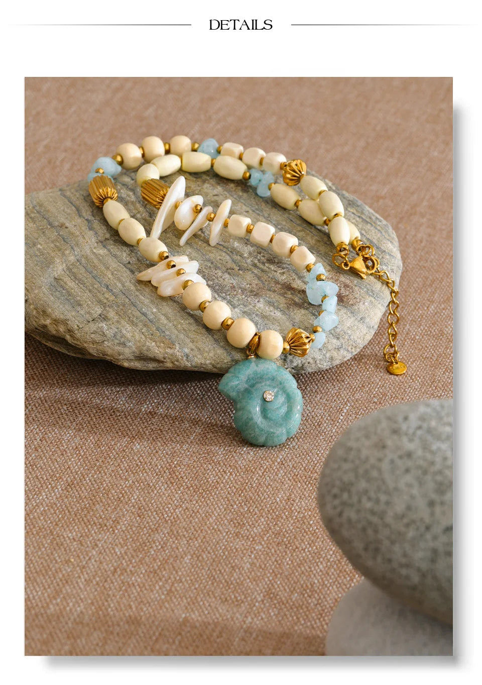 Shell natural stone beaded necklace in gold-plated stainless steel with natural stone and shell.