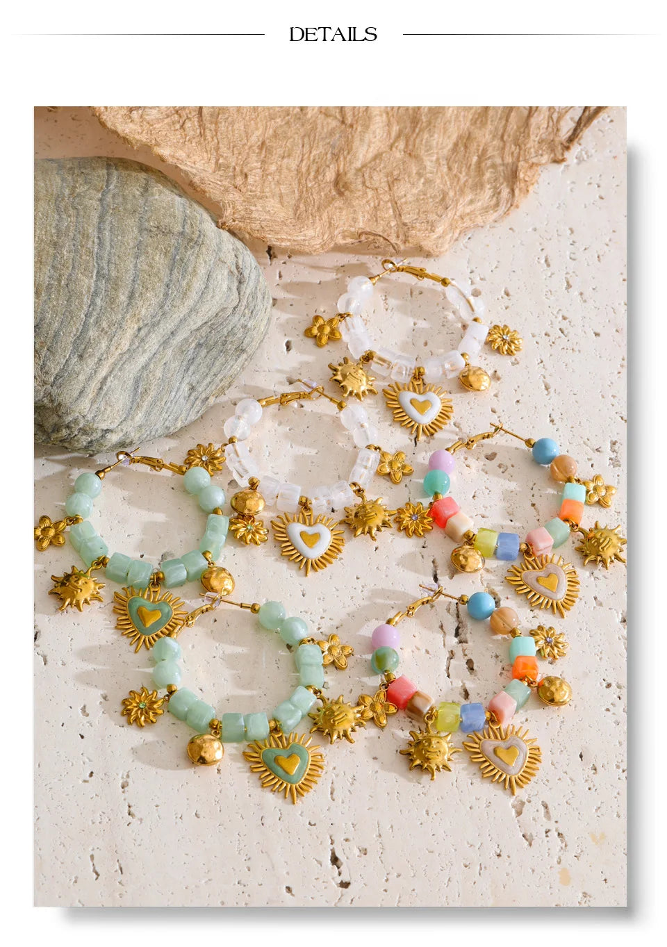 Resin acrylic heart earrings in gold-plated stainless steel with resin and acrylic.