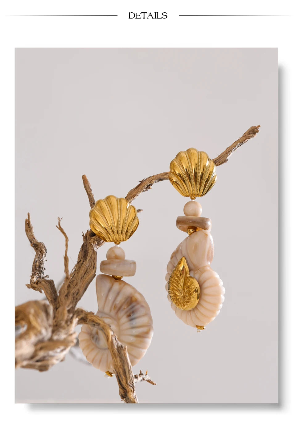 Shell resin geometric earrings in gold-plated stainless steel with shell and resin.