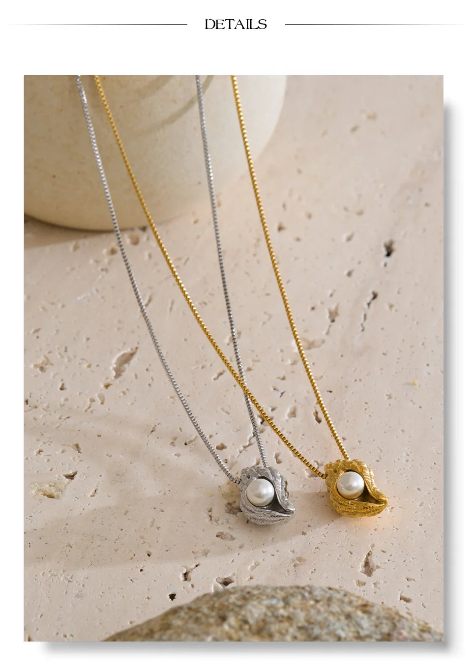 Pearl shell geometric necklace in gold-plated stainless steel with pearl and shell.