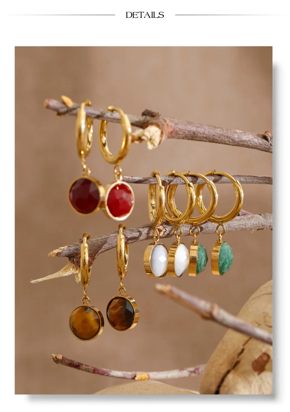 Red natural stone geometric earrings in gold-plated stainless steel with natural stone.