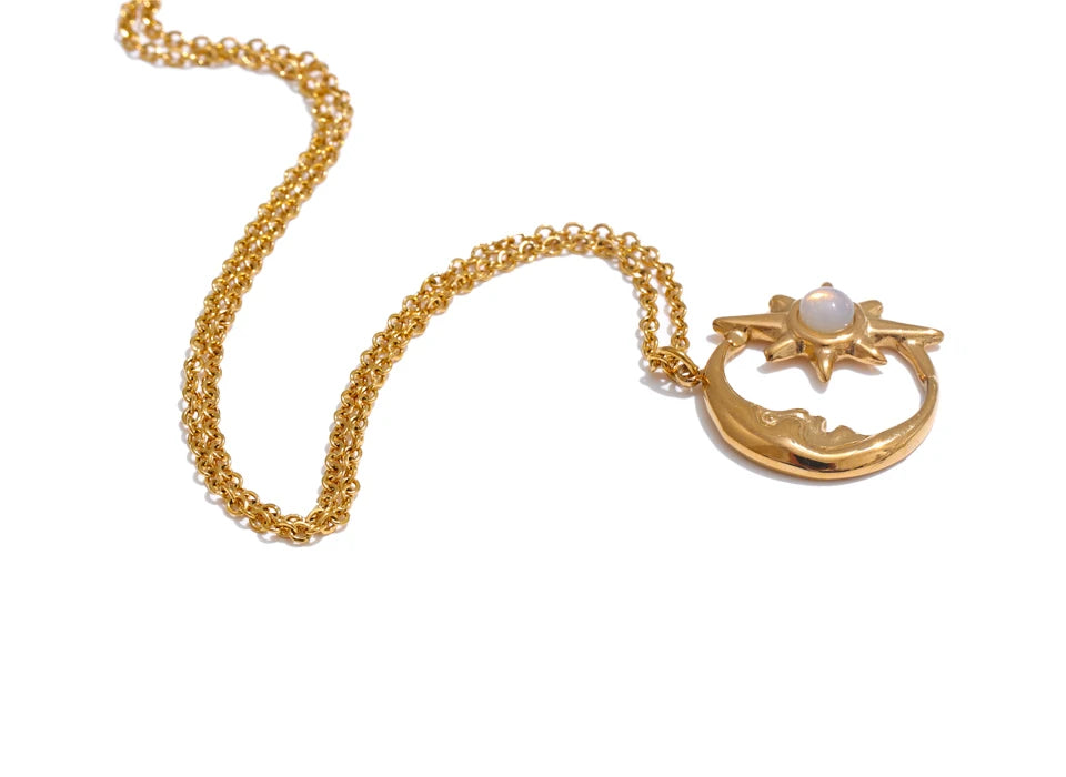 Star moon necklace in gold-plated stainless steel.