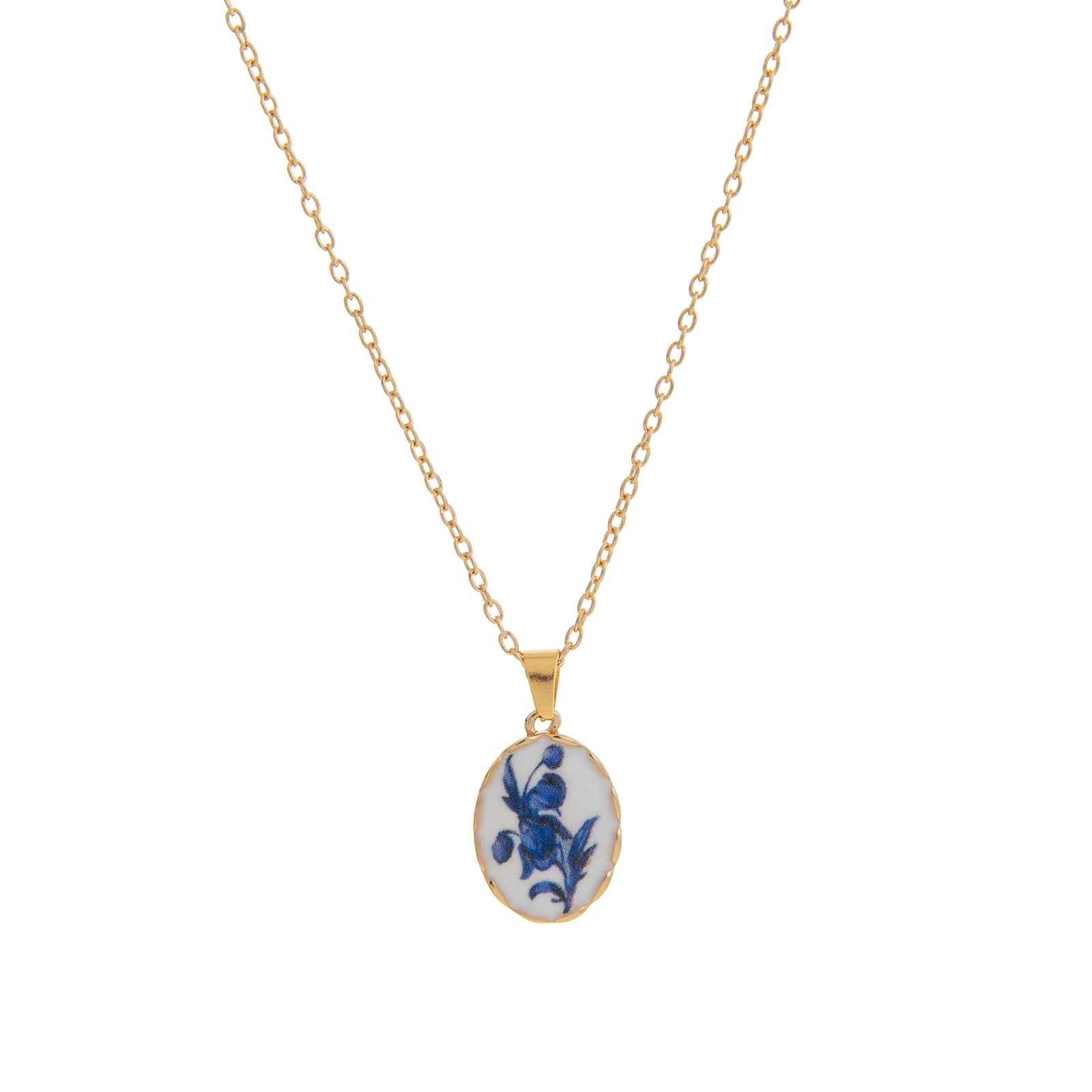 Retro printed oval heart-shaped necklace, women's colorful bohemian style jewelry, gold-plated