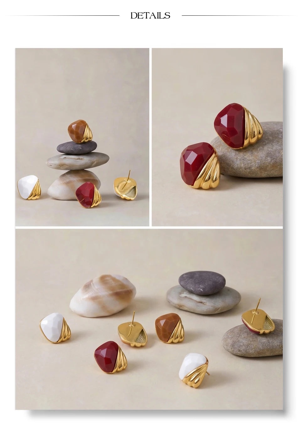 Resin acrylic geometric earrings in gold-plated stainless steel with resin and acrylic.