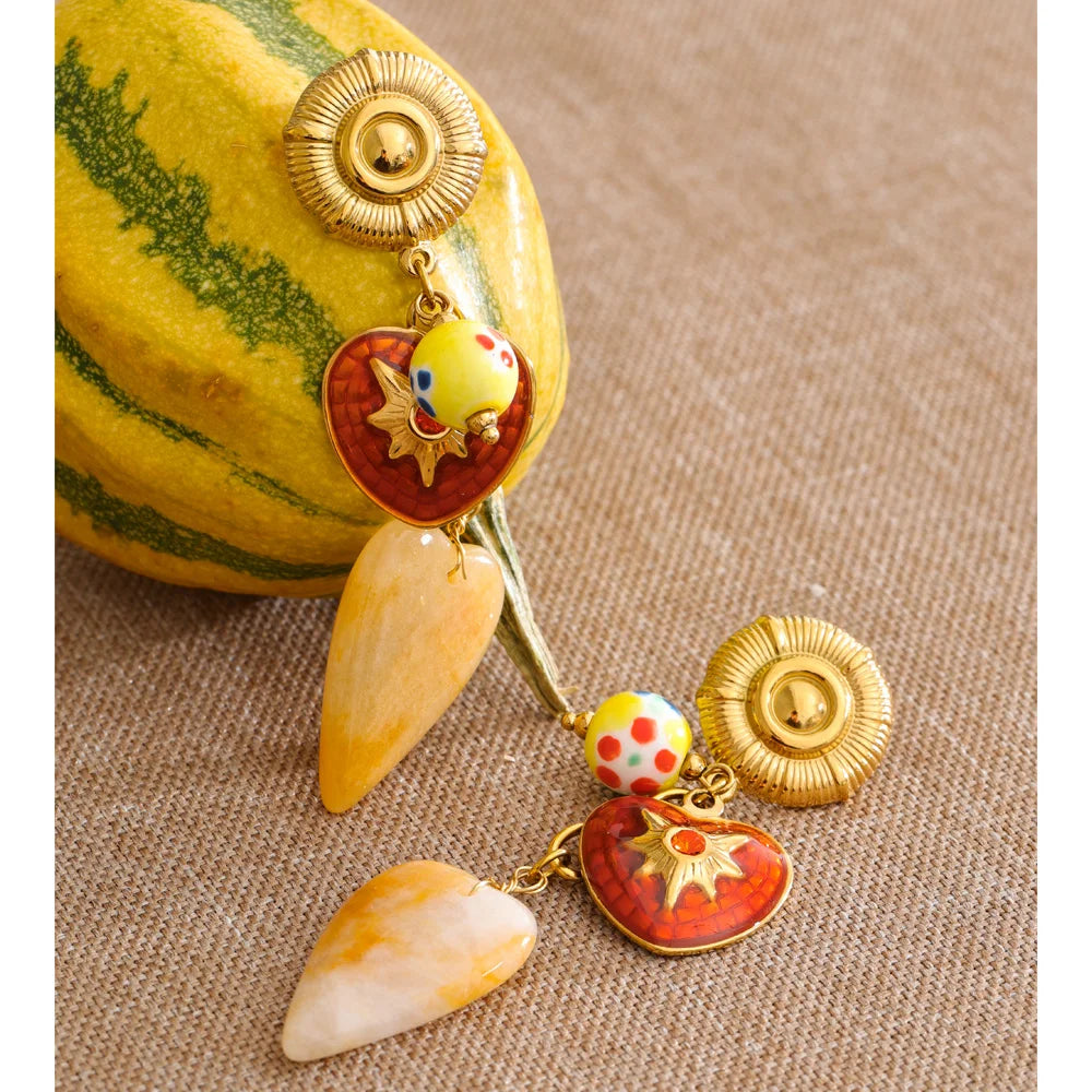Enamel Natural Stone Heart Earrings — Gold-Plated Stainless Steel with Natural Stone and Enamel · PS1075