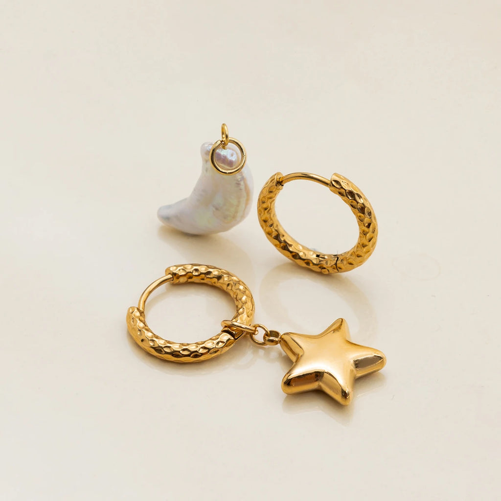 Pearl Moon Star Earrings — Stainless Steel · PS334