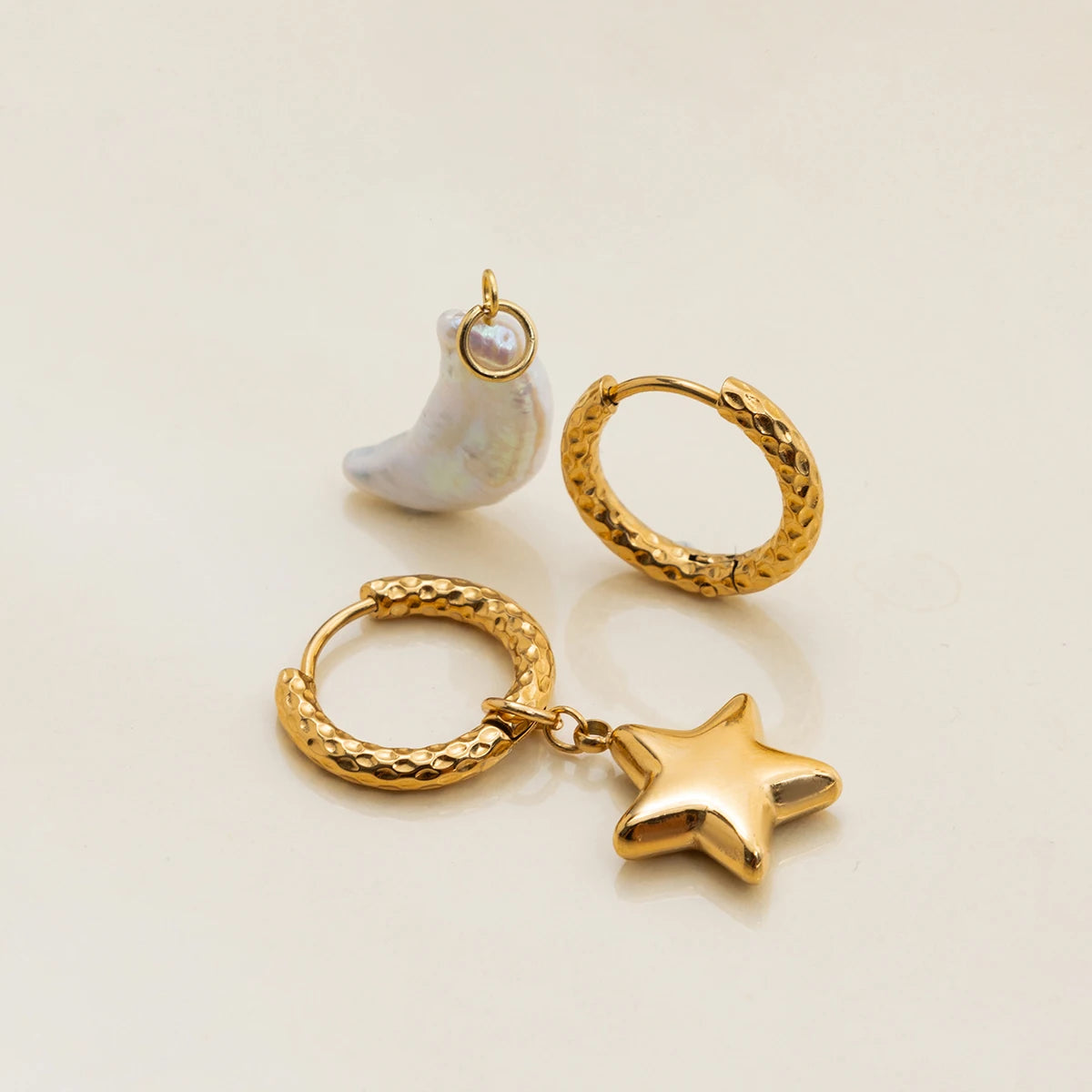 Pearl Moon Star Earrings — Stainless Steel · PS334