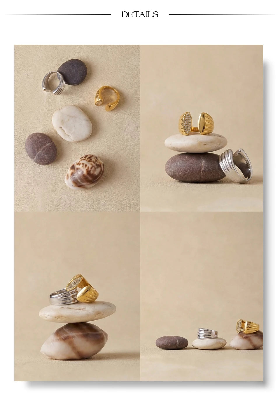 Cubic zirconia geometric ring in gold-plated stainless steel with cubic zirconia.