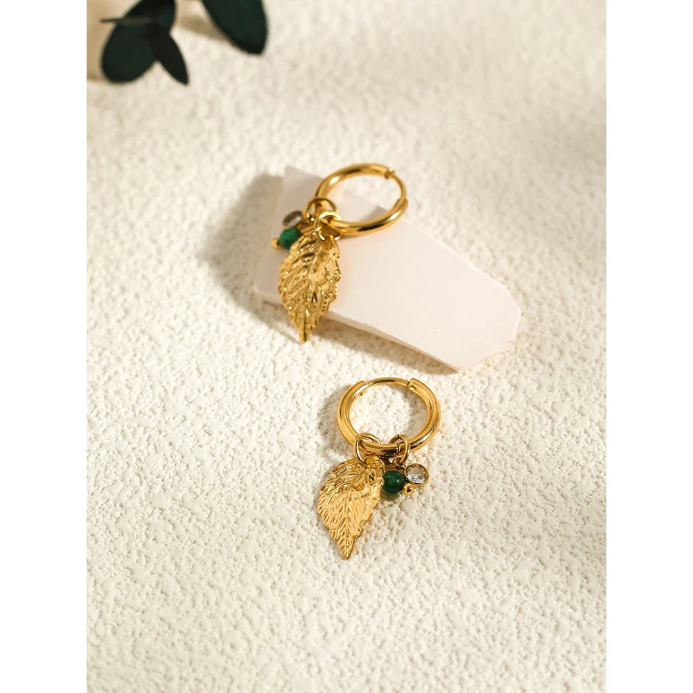 Hoop Earrings Metal Leaf Crystal Pendants — 316L Stainless Steel · PS457