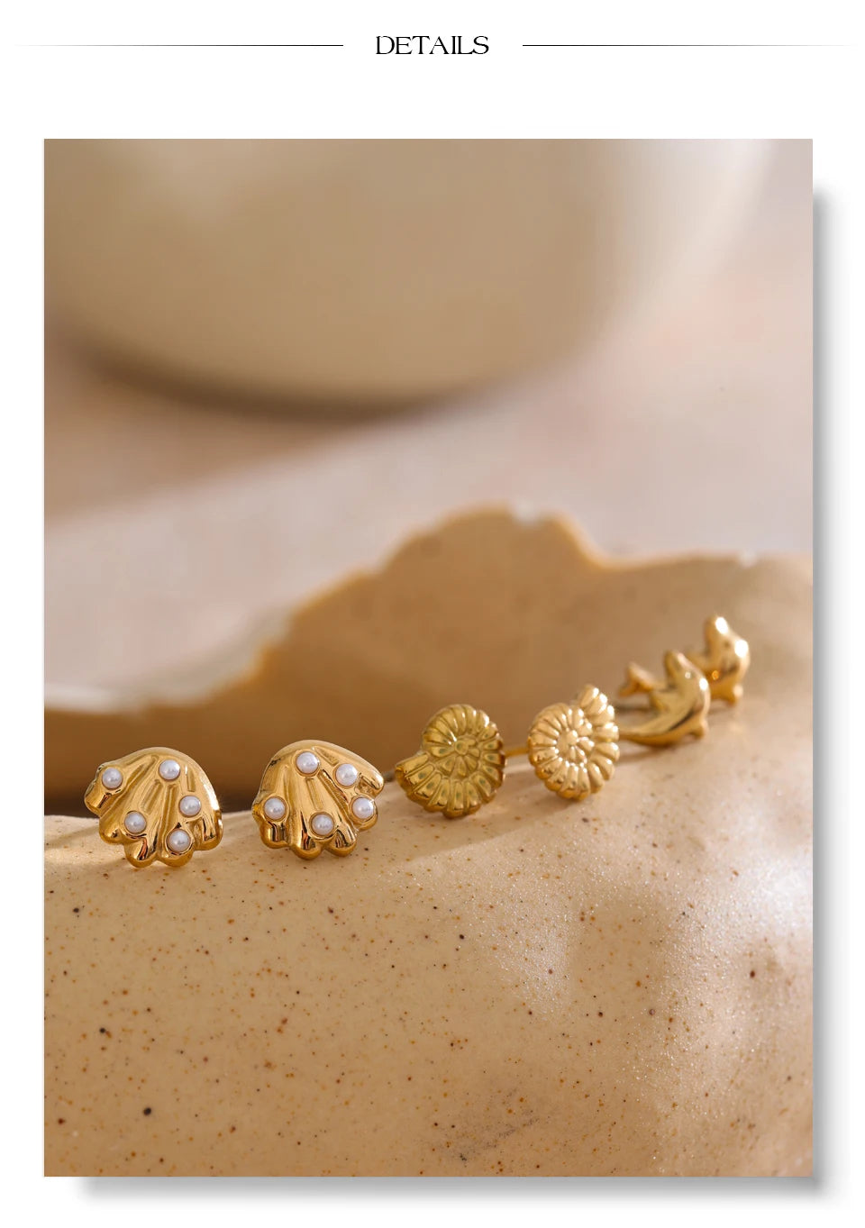 Pearl shell geometric earrings in gold-plated stainless steel with pearl and shell.