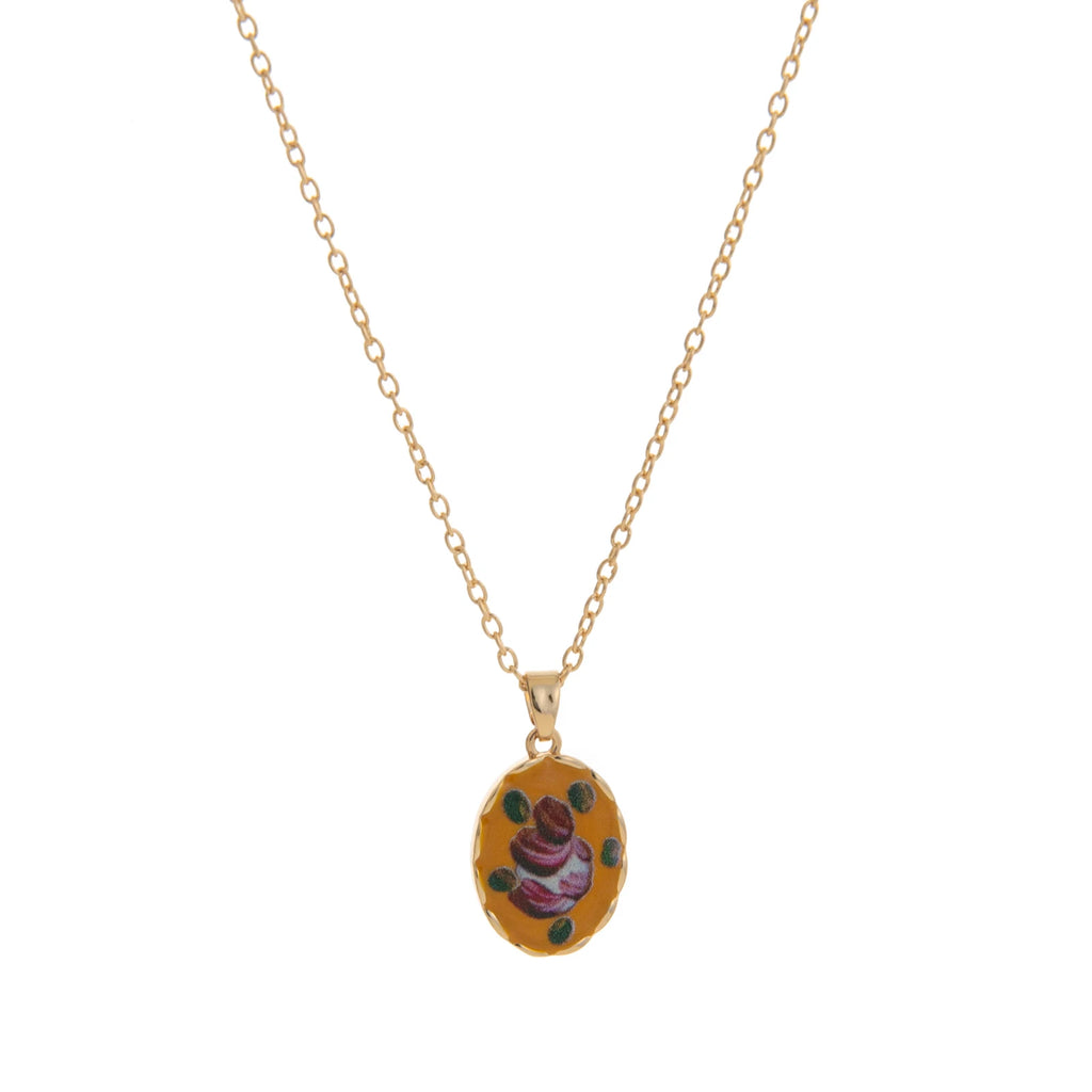 Retro printed oval heart-shaped necklace, women's colorful bohemian style jewelry, gold-plated