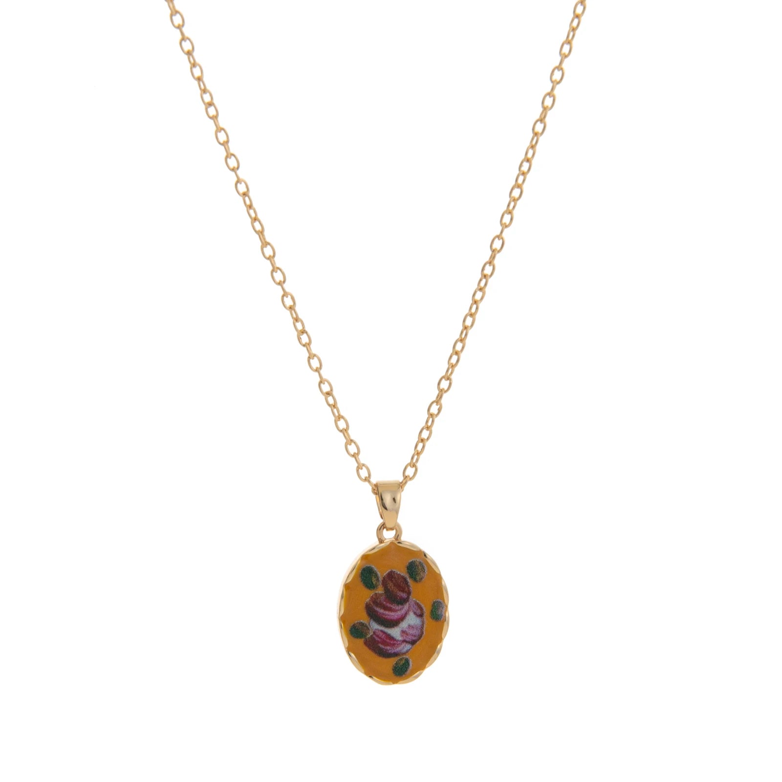 Retro printed oval heart-shaped necklace, women's colorful bohemian style jewelry, gold-plated