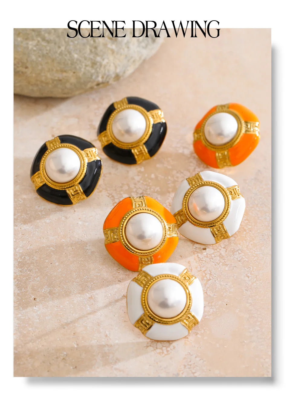 Pearl enamel geometric earrings in gold-plated stainless steel with pearl and enamel.