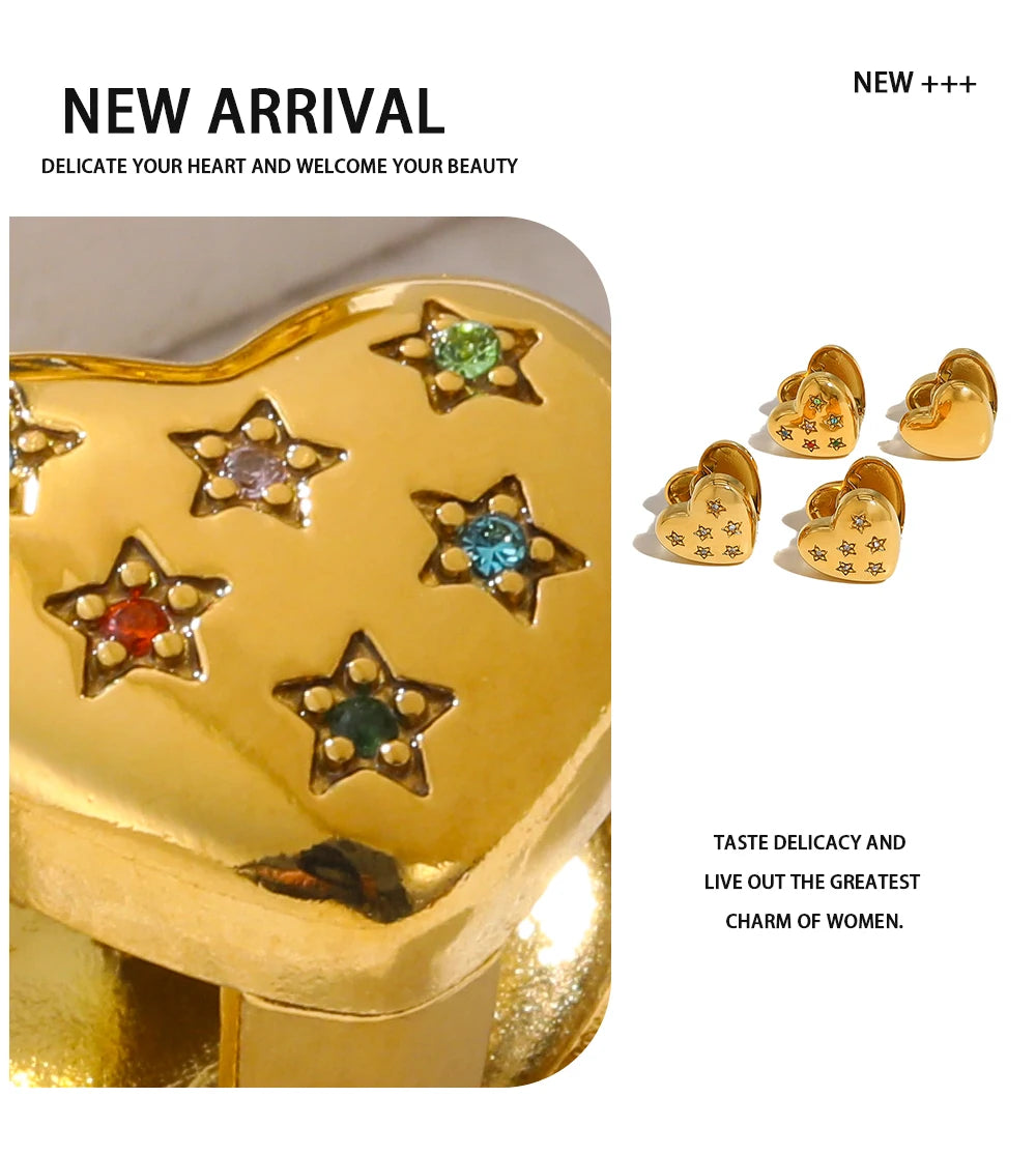 Heart Star Crystal Ear Buckle Earrings — 316L Stainless Steel · PS392