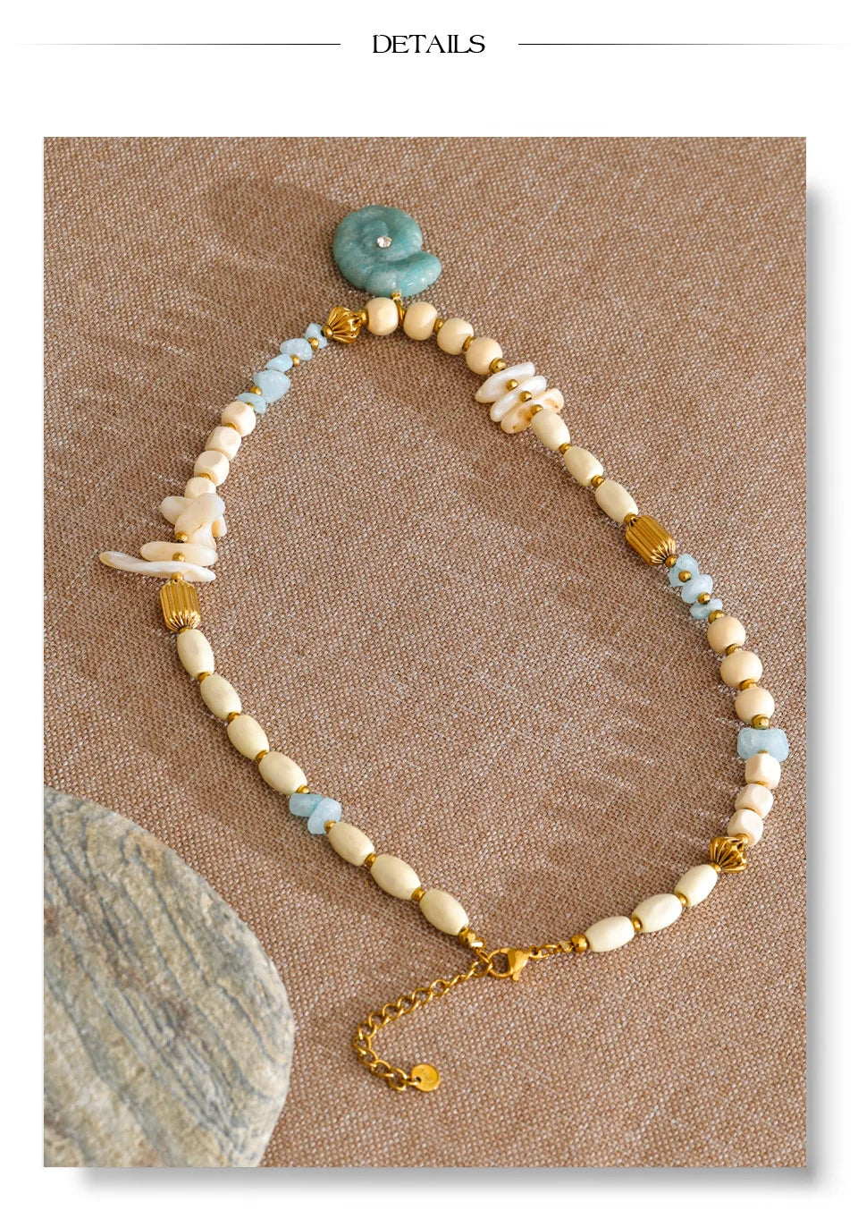 Shell natural stone beaded necklace in gold-plated stainless steel with natural stone and shell.