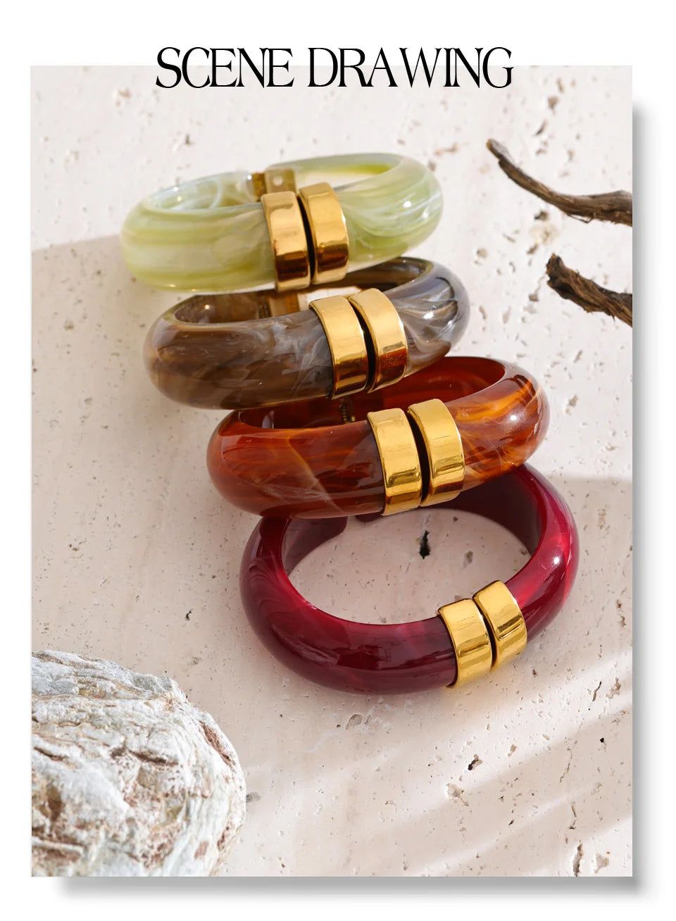 Green acrylic geometric bracelet in gold-plated stainless steel with acrylic.