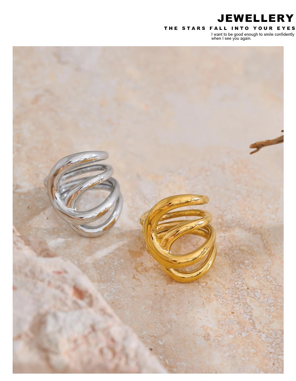 Geometric ring in gold-plated stainless steel.