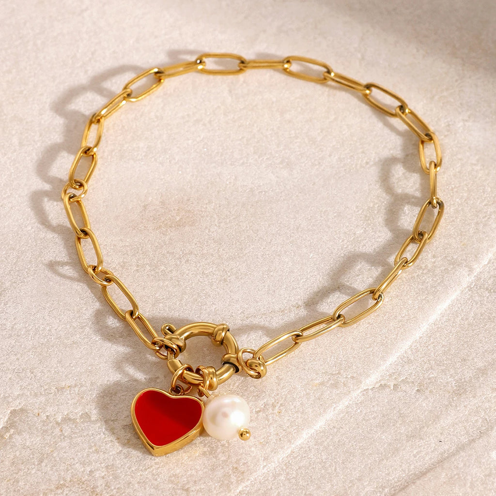 Heart Pearl Chain Bracelet — Stainless Steel · PS032