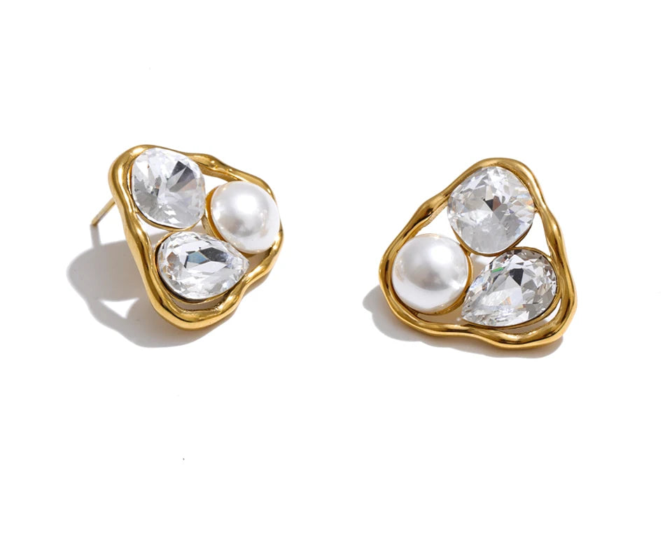 Cubic Zirconia Pearl Geometric Earrings — Gold-Plated Stainless Steel with Pearl and Cubic Zirconia · PS1441