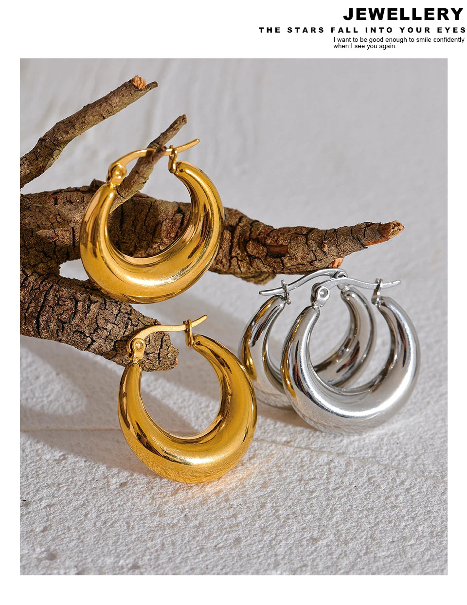 Hammered geometric earrings in 18K gold-plated stainless steel.