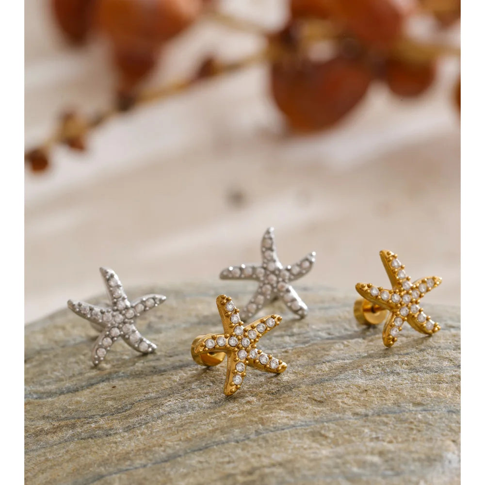 Cubic Zirconia Star Earrings — Gold-Plated Stainless Steel with Cubic Zirconia · PS1525