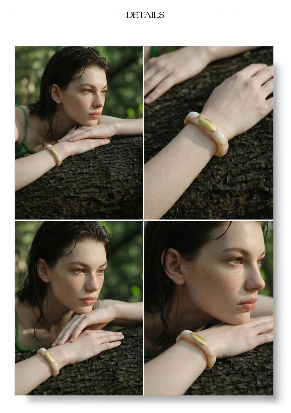 Resin acrylic geometric bracelet in gold-plated stainless steel with resin and acrylic.