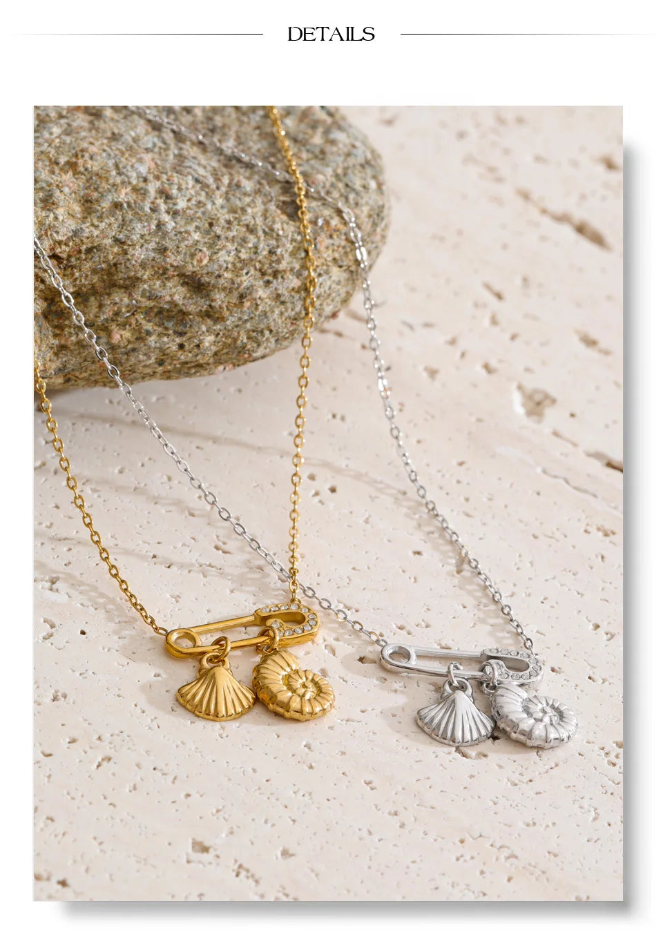 Cubic zirconia shell geometric necklace in gold-plated stainless steel with cubic zirconia and shell.