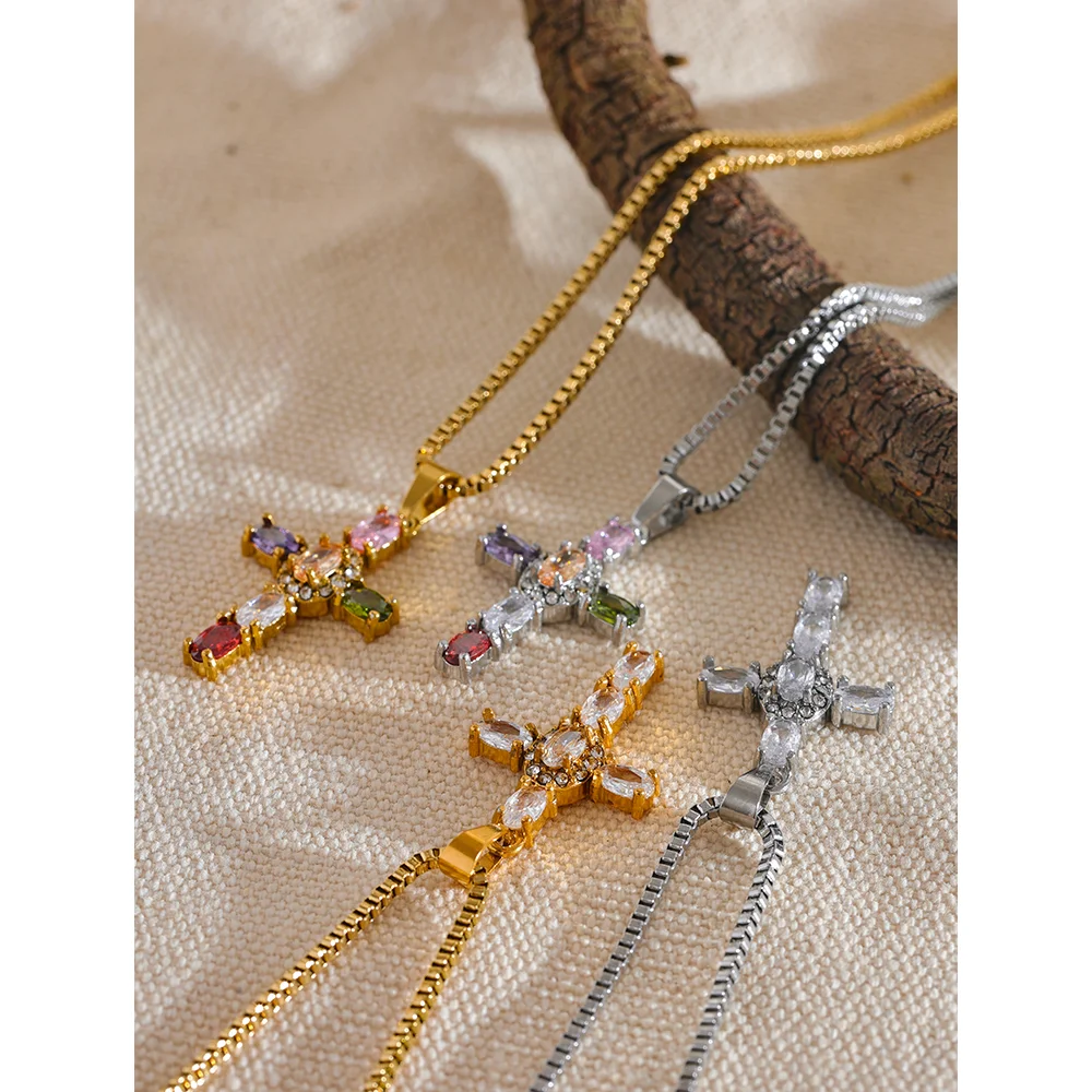 Cubic zirconia cross multi-color necklace in gold-plated stainless steel with cubic zirconia.