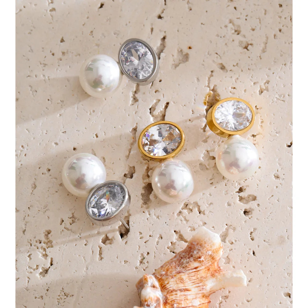 Cubic Zirconia Pearl Geometric Earrings — Gold-Plated Stainless Steel with Pearl and Cubic Zirconia · PS1615