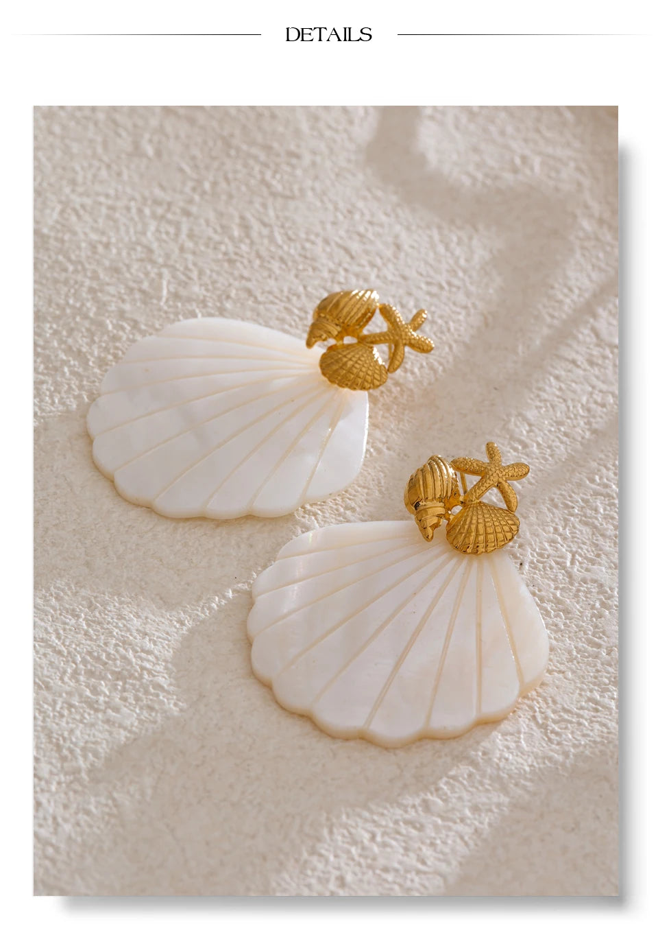 Shell star geometric earrings in gold-plated stainless steel with shell.