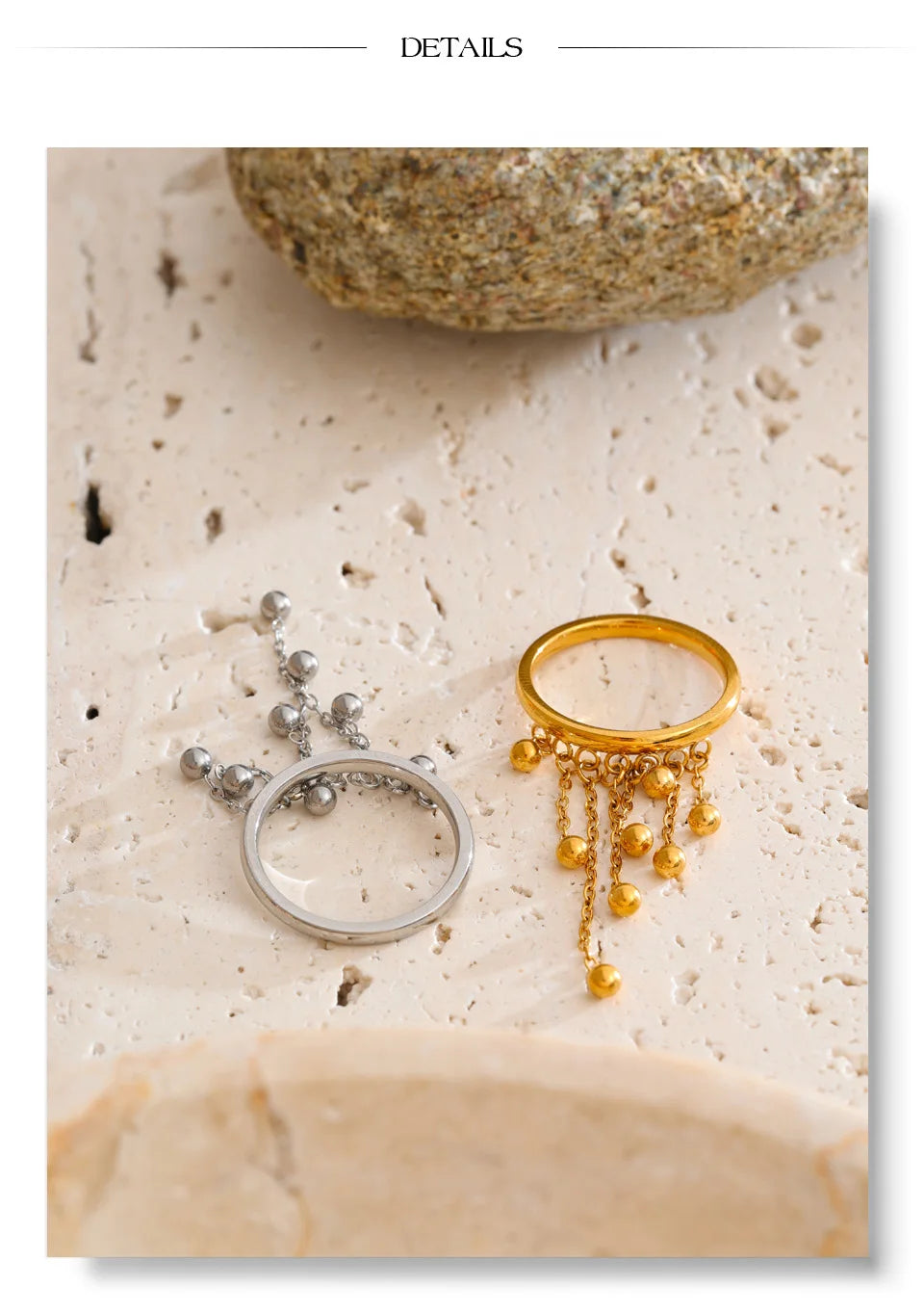 Beaded geometric chain ring in 18K gold-plated stainless steel.