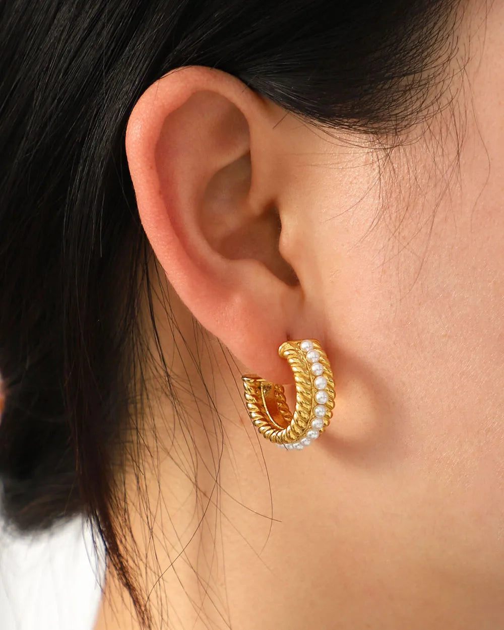 Pearl Huggie Hoop Earrings — Stainless Steel · PS333