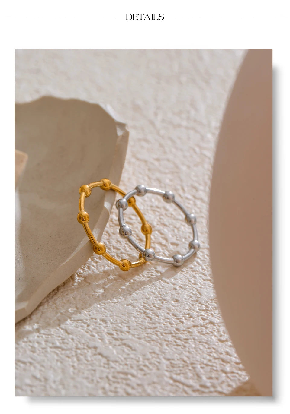 Beaded minimalist geometric ring in 18K gold-plated stainless steel.